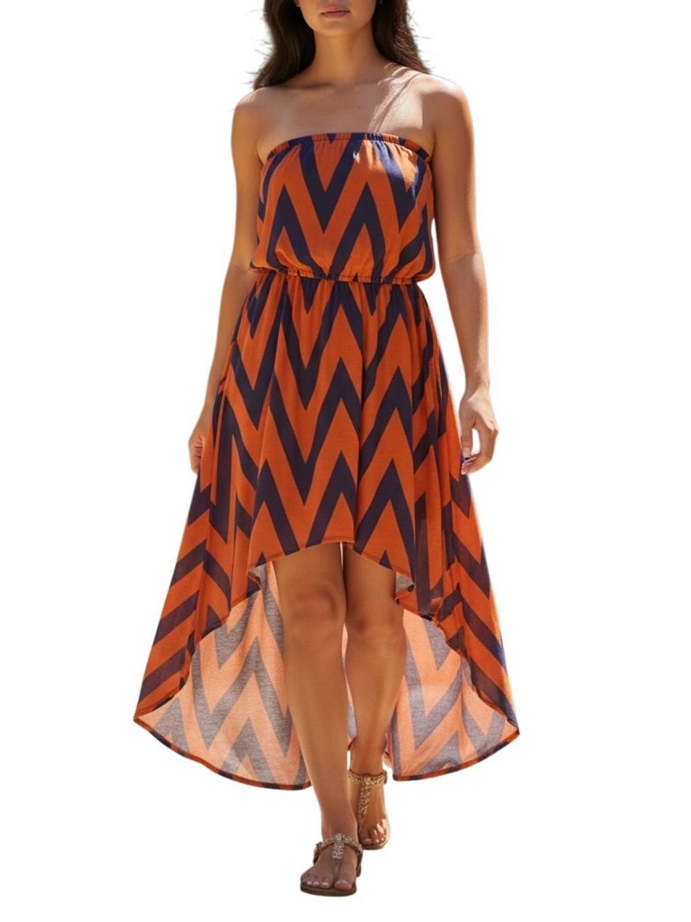 Strapless Chevron Dress in Orange and Navy